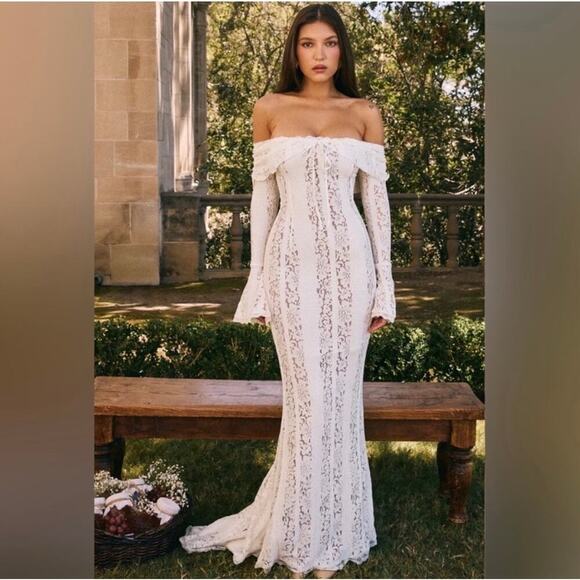 NWT Angel Lane Georgette Ivory Lace Maxi Dress - Size Large- Bridal Dress - Picture 3 of 15